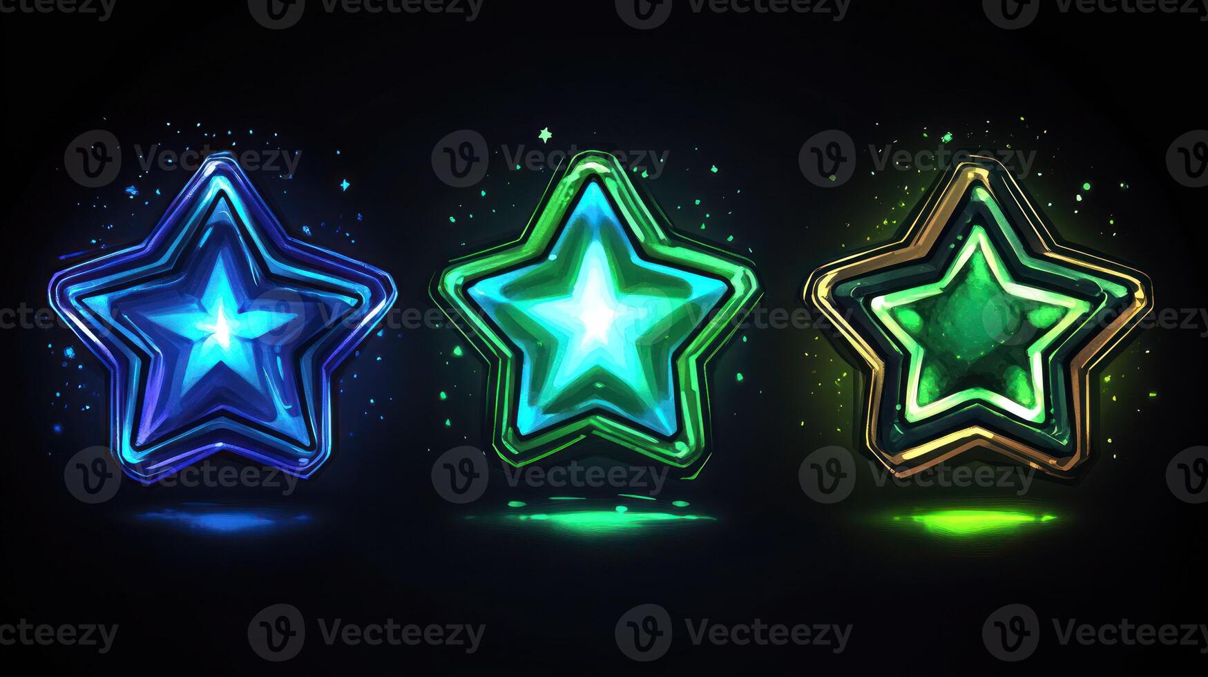 Three vibrant, glowing stars with a mystical and modern design. photo