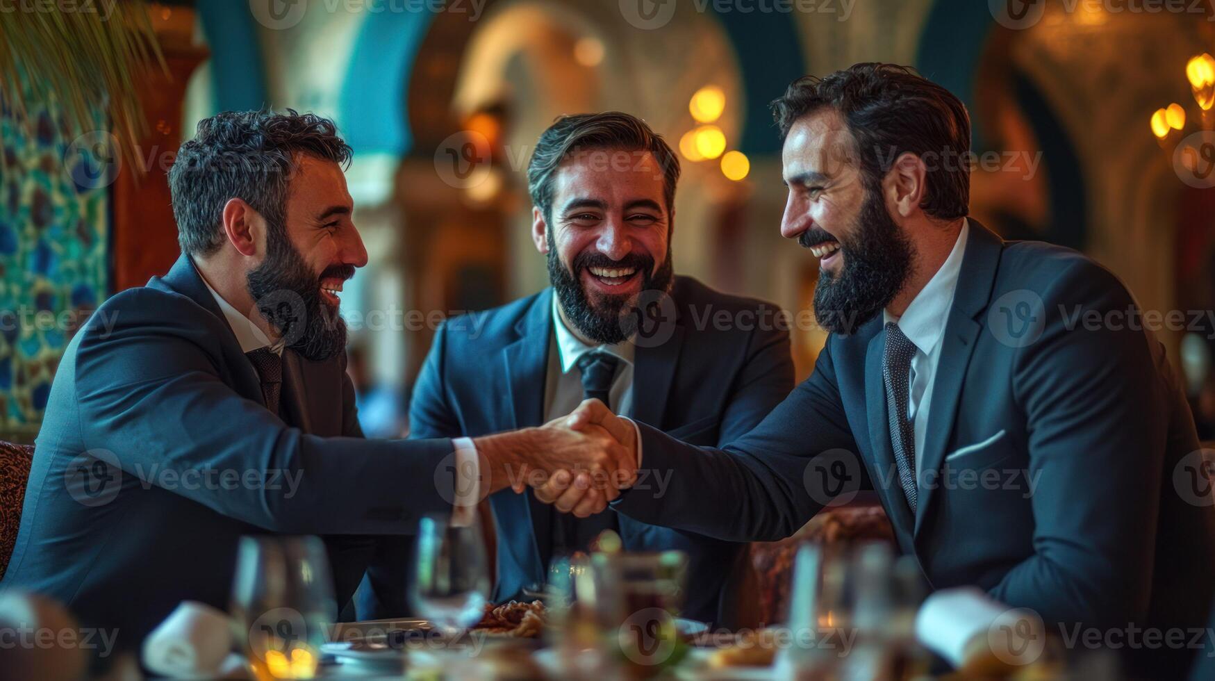 Three well-dressed men shake hands in a warm, elegant restaurant. photo