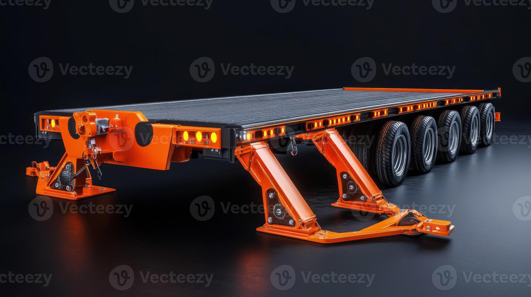 A modern orange flatbed trailer on a sleek black background. photo