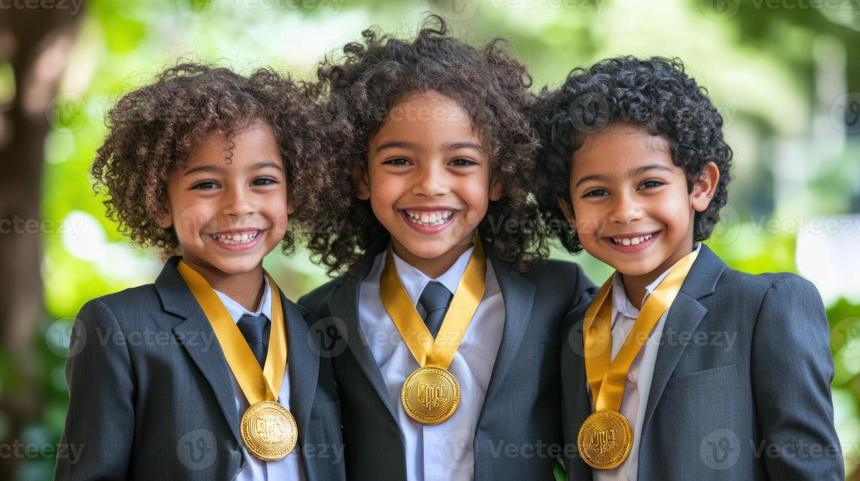 Three joyful boys in suits proudly displaying their gold medals. photo
