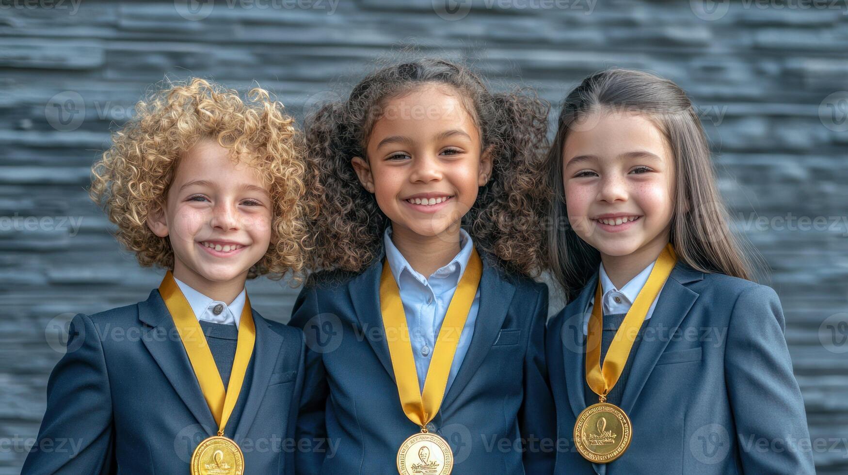 Three diverse children proudly display their achievement medals. photo