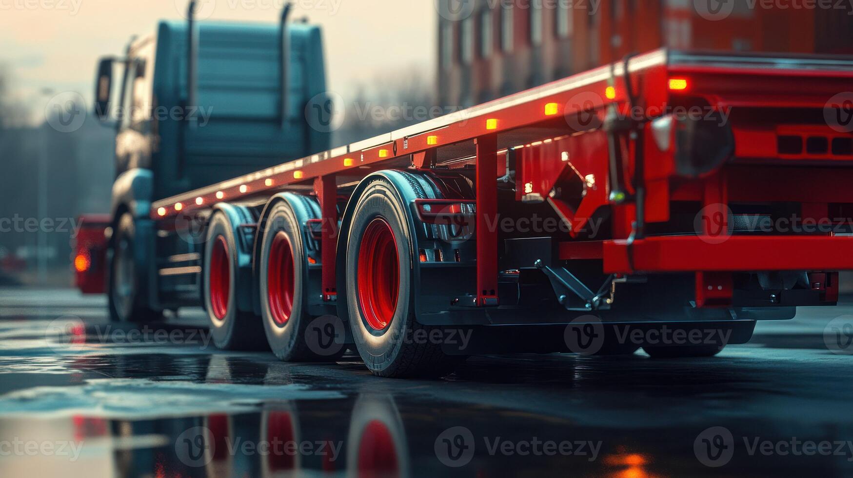 A modern red truck with a trailer parked in an urban setting. photo