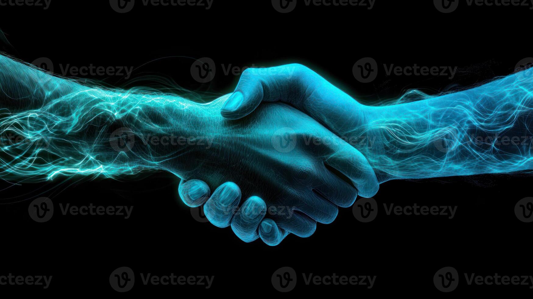 Glowing handshake symbolizing unity and collaboration in a digital style. photo
