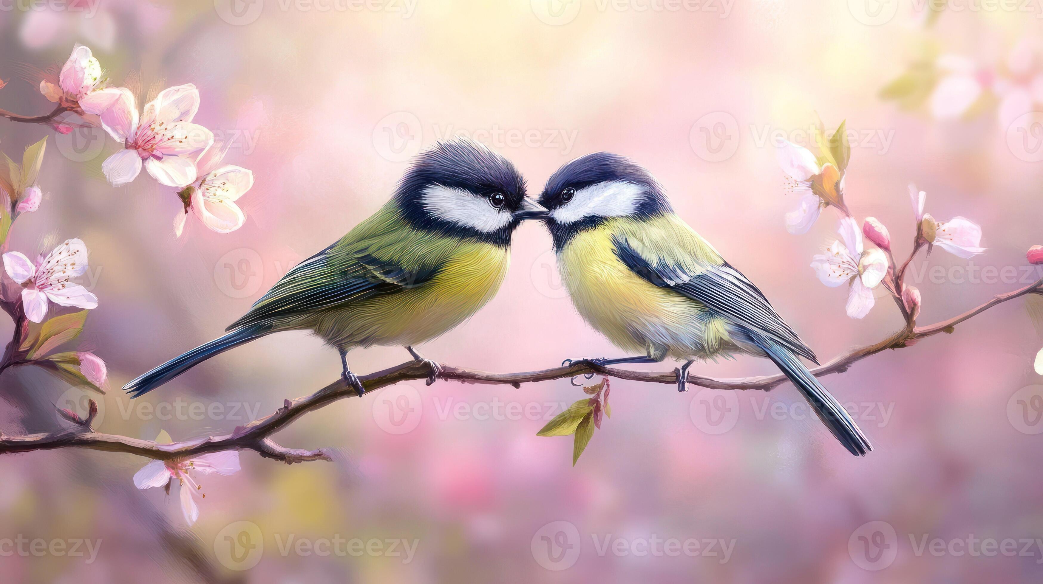 Adorable birds sharing a tender moment among blooming