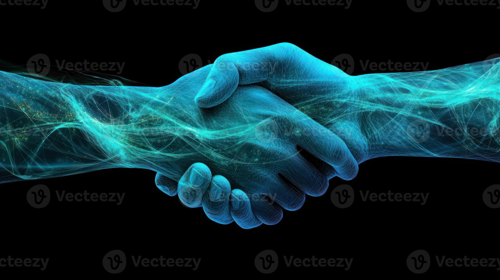 A futuristic glowing handshake symbolizing partnership and unity. photo