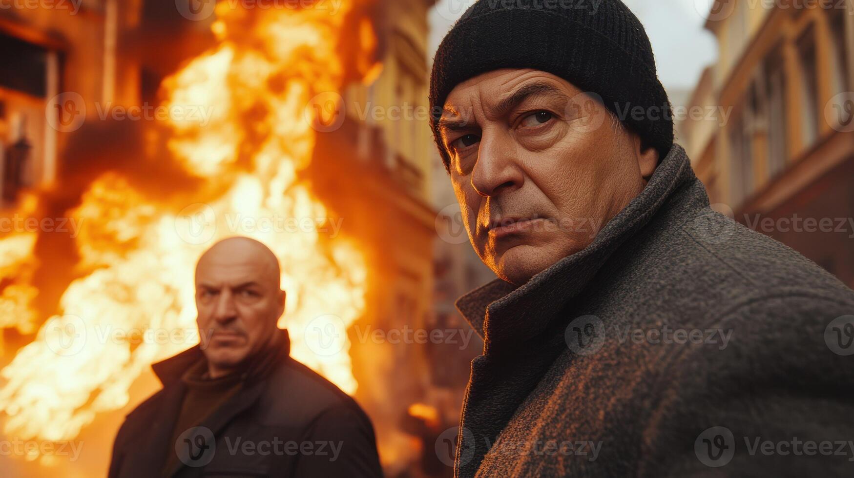 Two men stand in front of a fiery explosion in a tense urban scene. photo