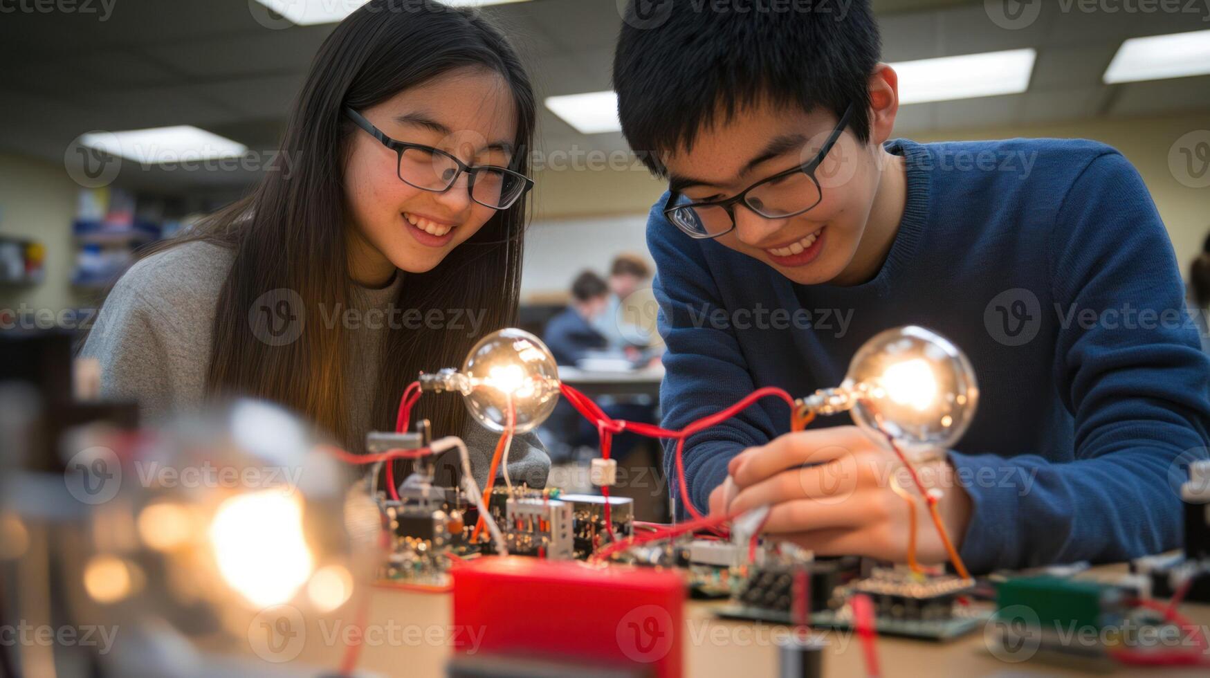 Students engaged in hands-on electronics experimentation. photo