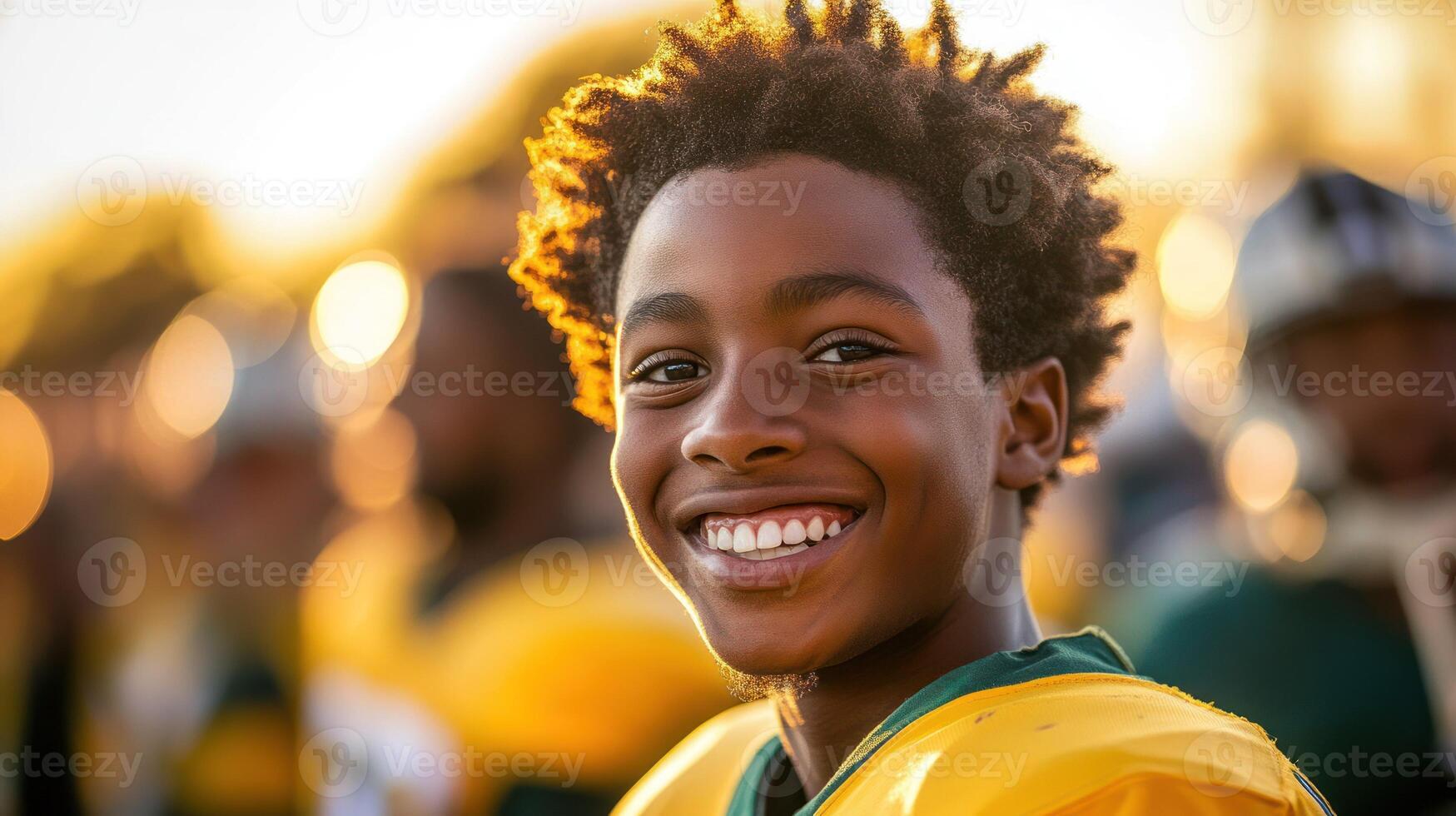 A joyful young boy in a football uniform smiling brightly. photo