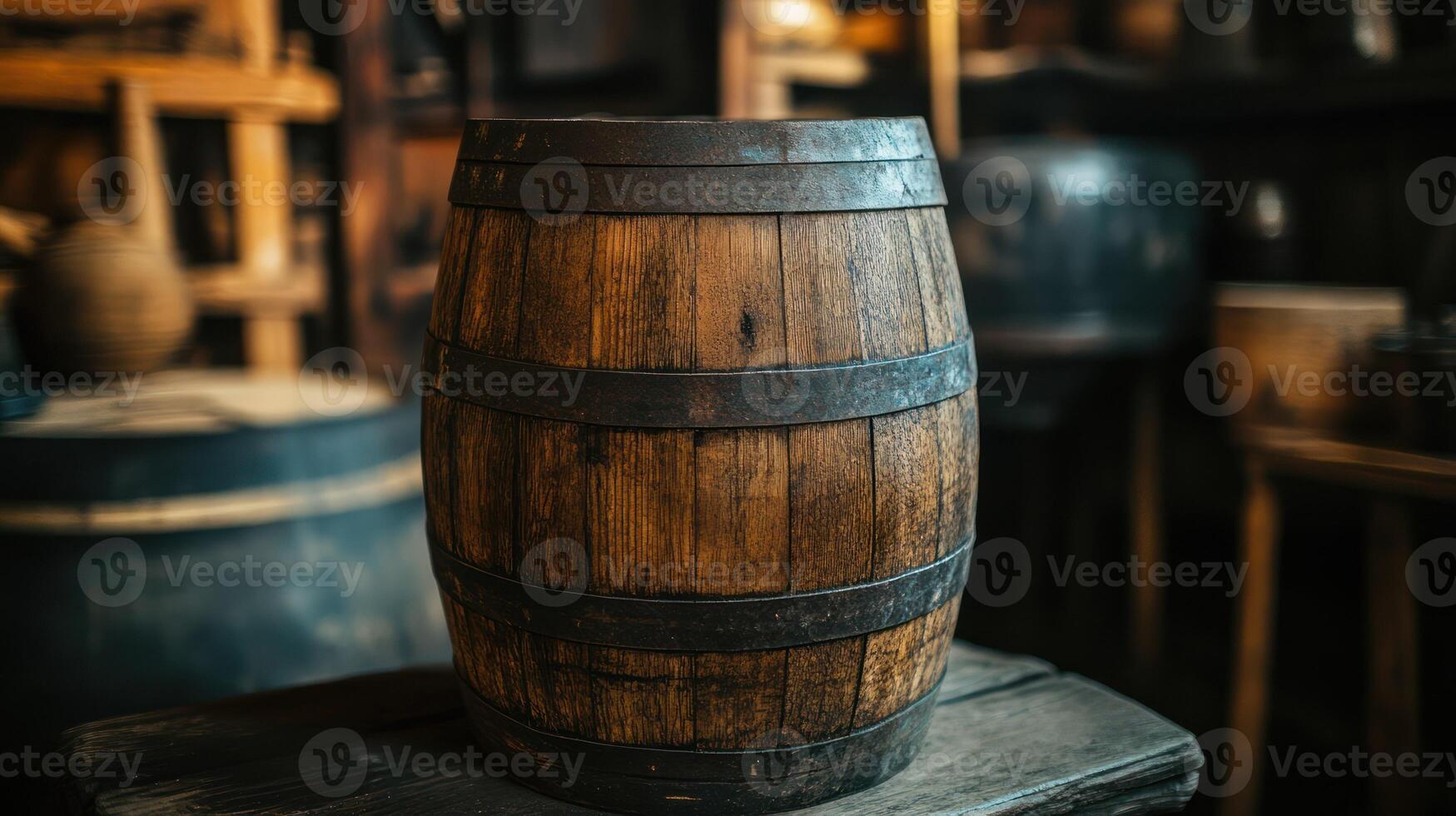 A rustic wooden barrel highlighting craftsmanship and vintage aesthetics. photo