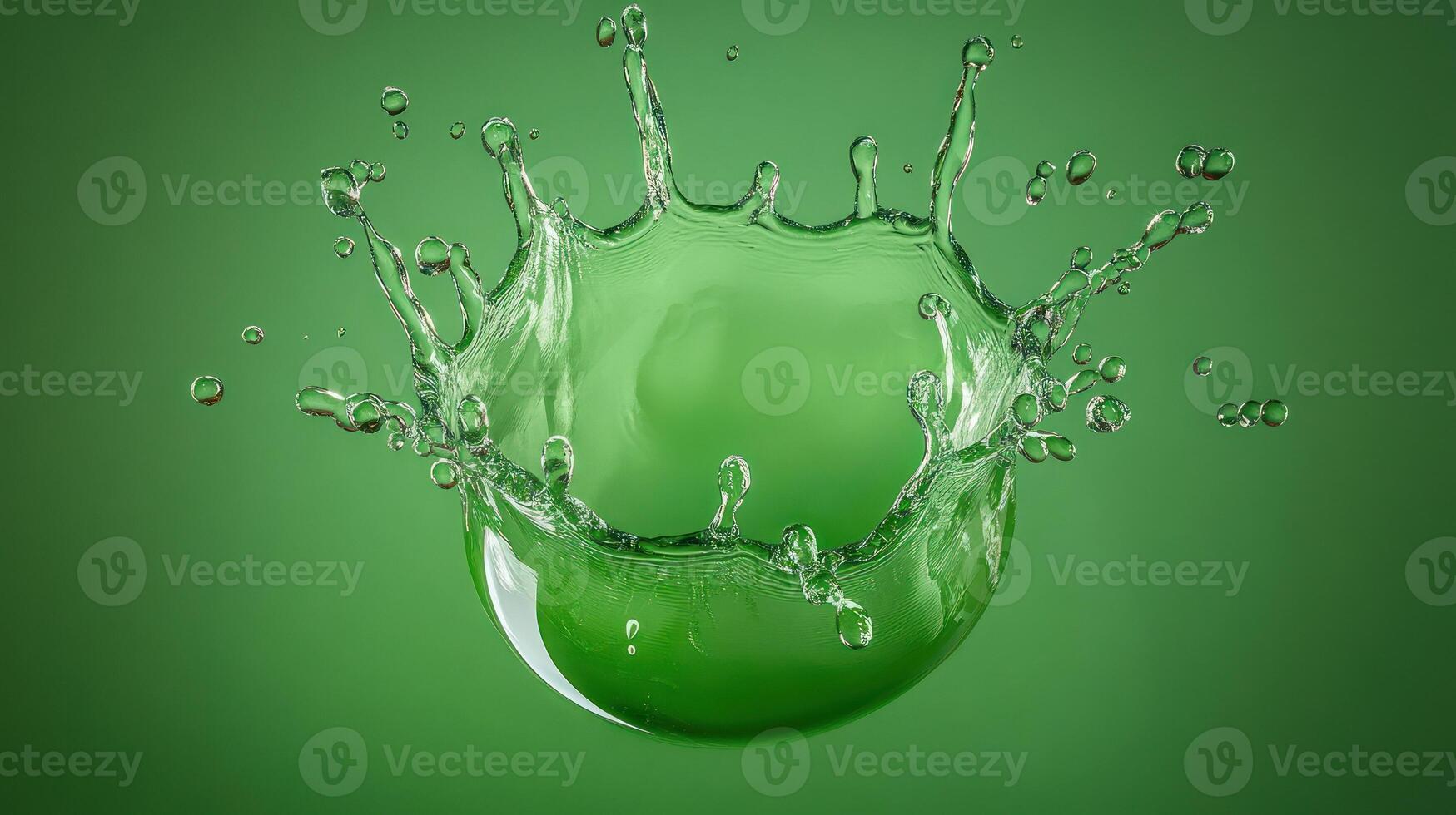 A vibrant green splash of water with dynamic droplets frozen in motion. photo