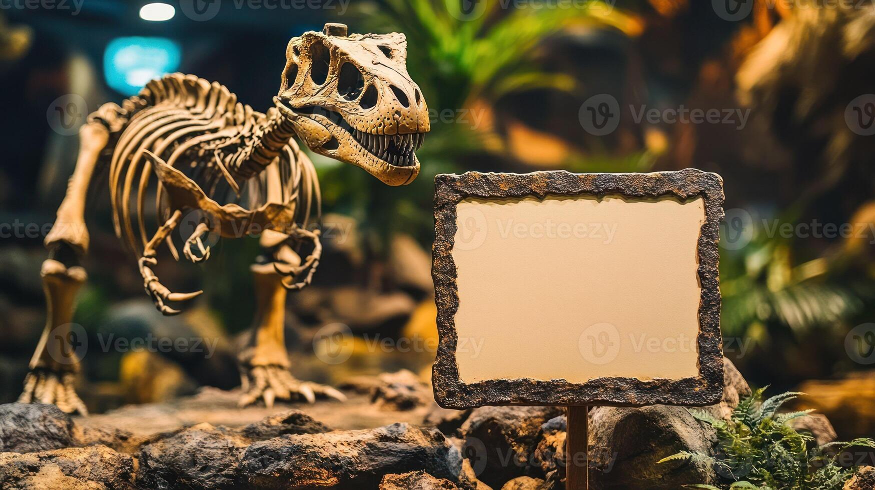 A T-Rex skeleton on display beside a blank sign in a museum. photo