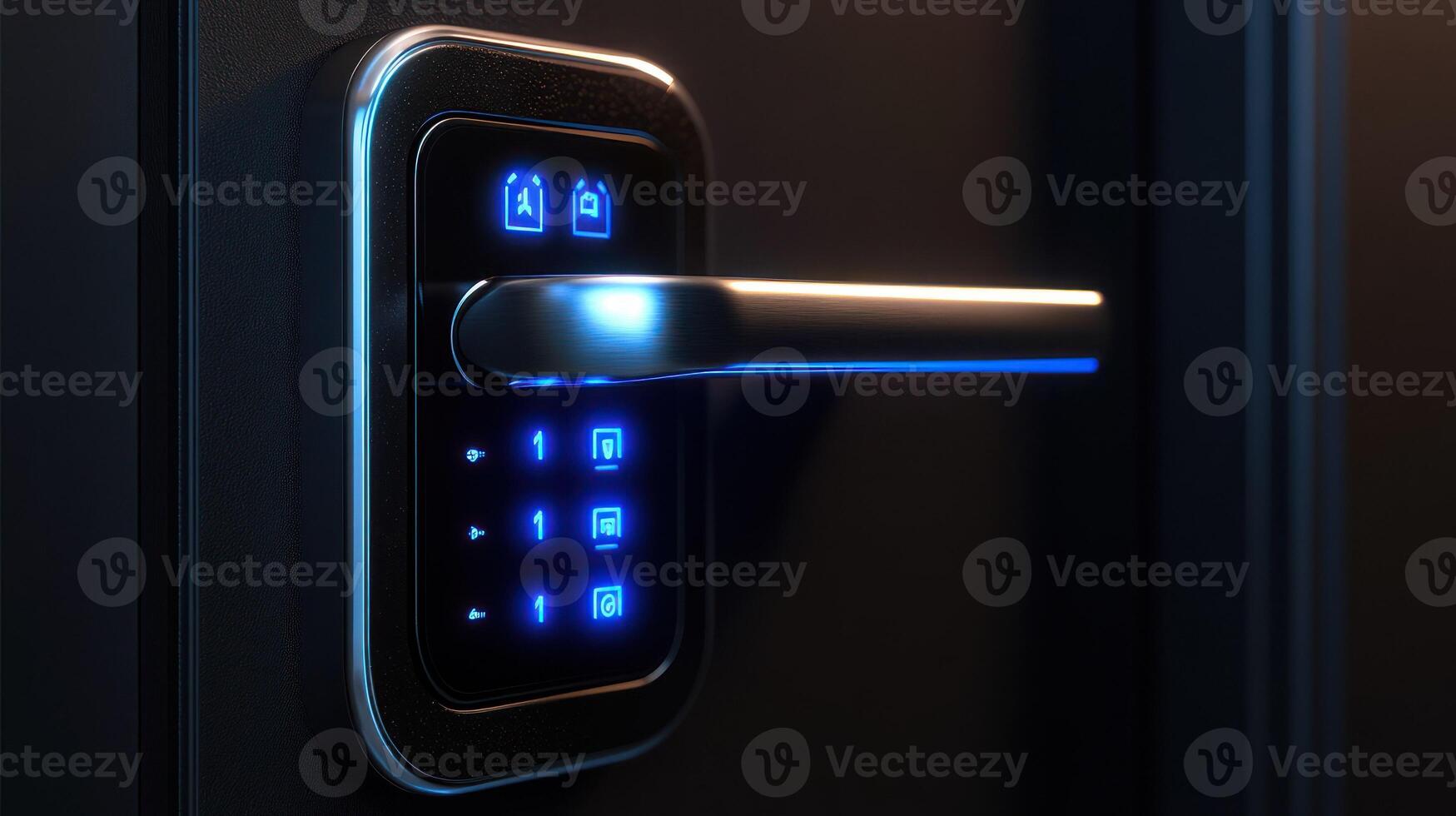 Close-up of a modern smart lock with illuminated keypad on a door. photo