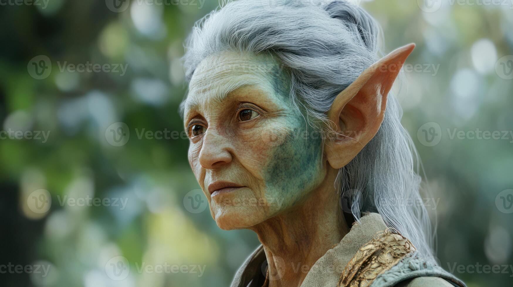 A serene portrait of an elderly elf with an enchanting atmosphere. photo