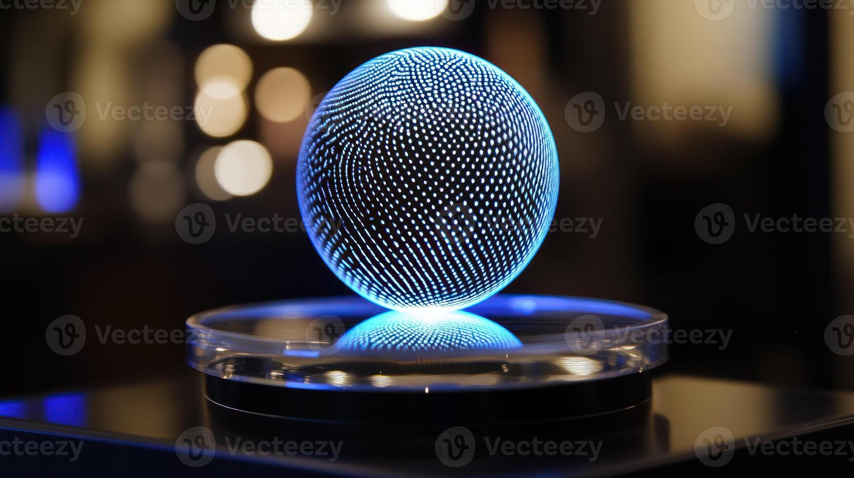 A glowing blue holographic sphere on display, embodying modern technology. photo