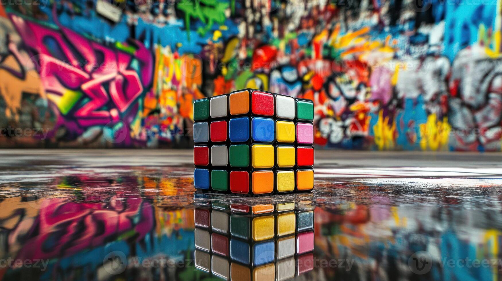 A vibrant Rubik's cube reflecting against a colorful graffiti background. photo