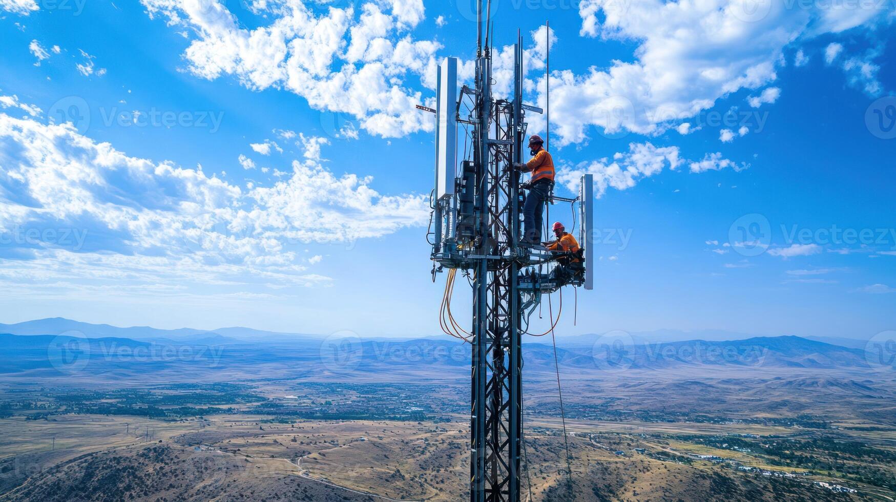 Workers maintaining a telecommunications tower in a scenic landscape. photo