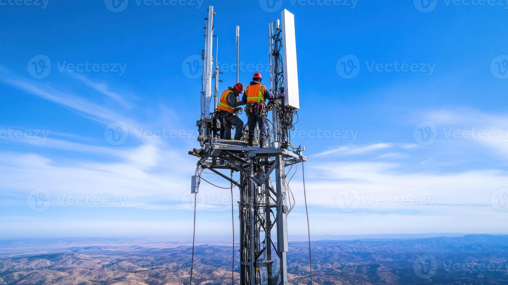 Technicians work on a telecommunications tower against a clear blue sky. photo