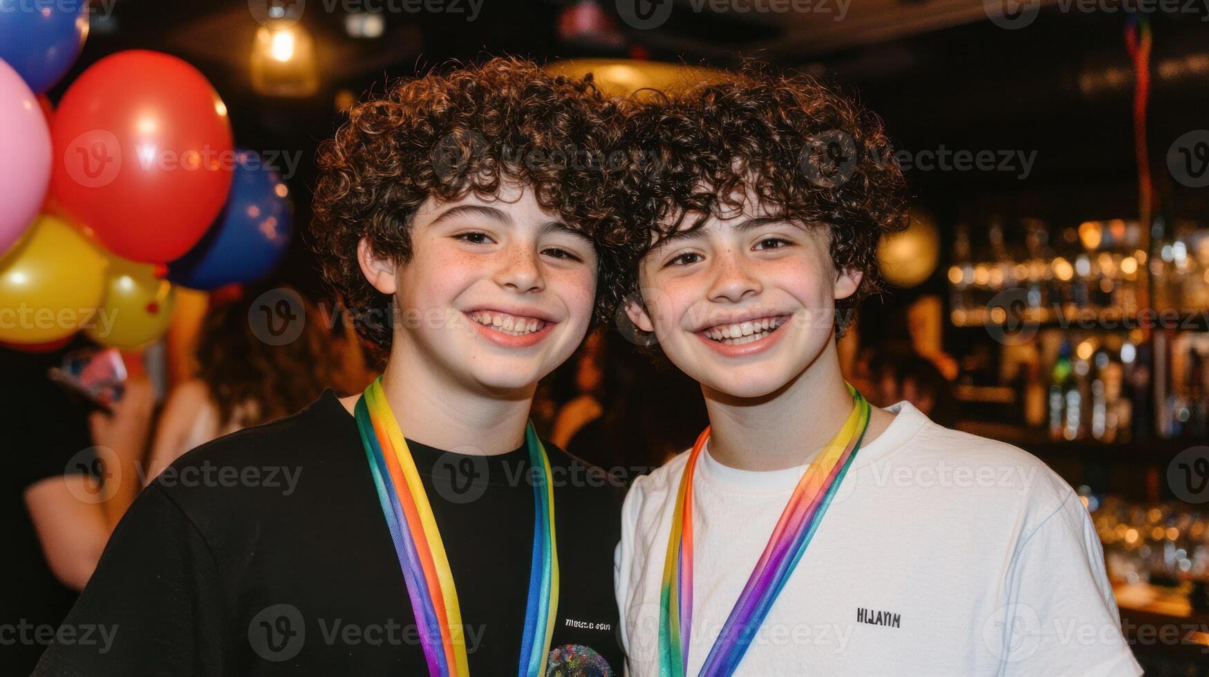 Two smiling boys at a colorful party, celebrating together joyfully. photo