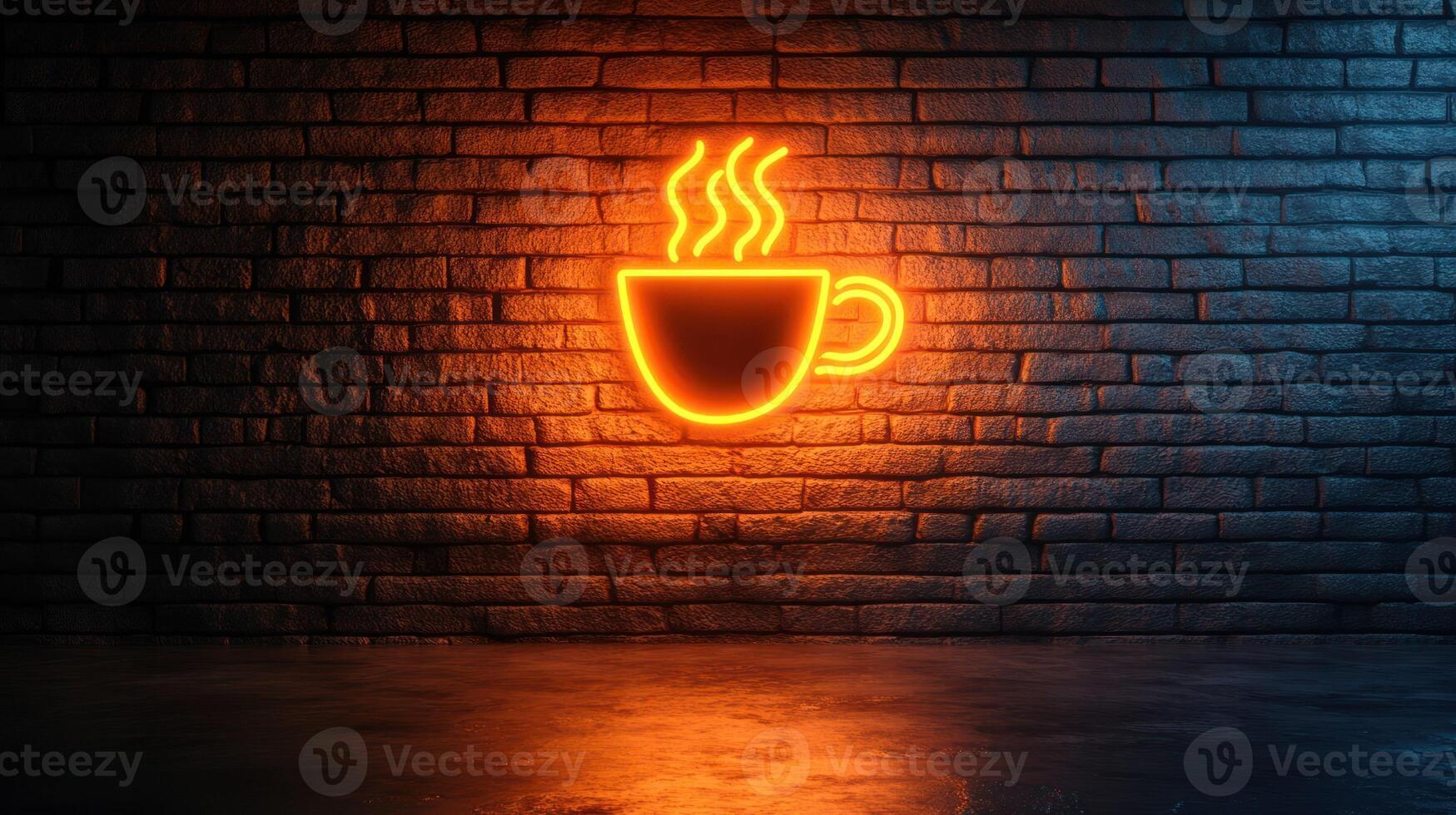 A glowing neon coffee cup against a dark brick wall. photo