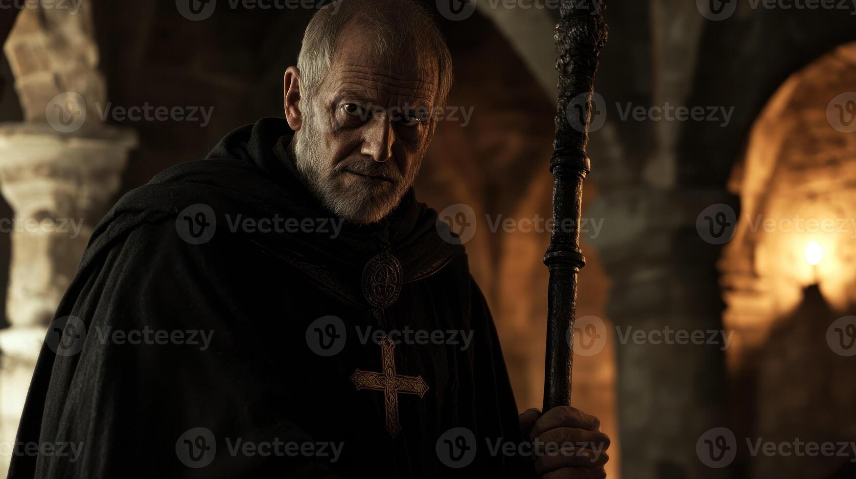 A serious monk stands with a staff in a dimly lit, ancient setting. photo