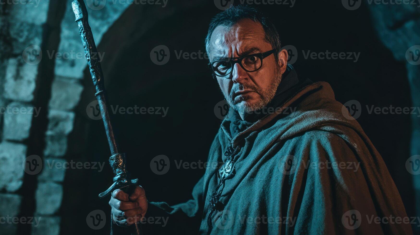 A mystical figure in a cloak holding a staff in a dimly lit cave. photo