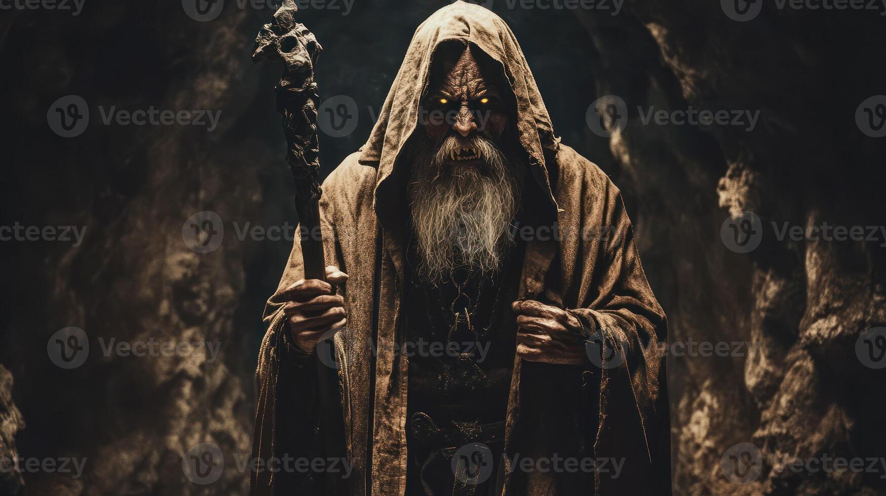 An ancient wizard in a dark cave, wielding a staff with glowing eyes. photo