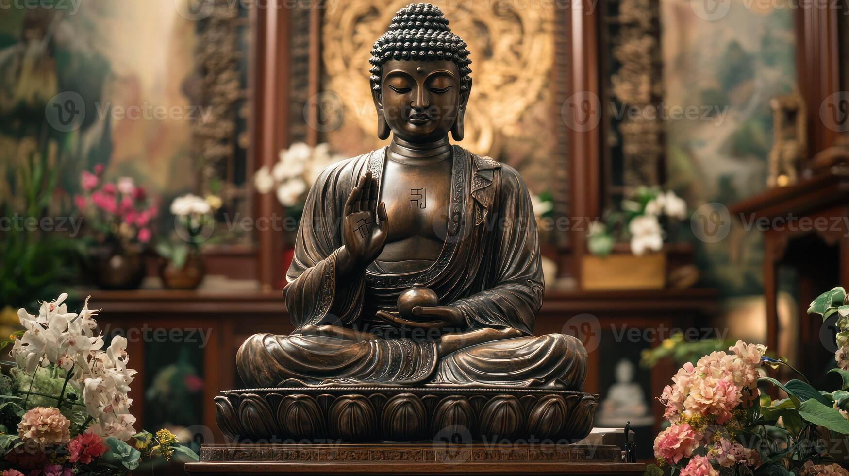 A serene Buddha statue surrounded by flowers, evoking tranquility. photo