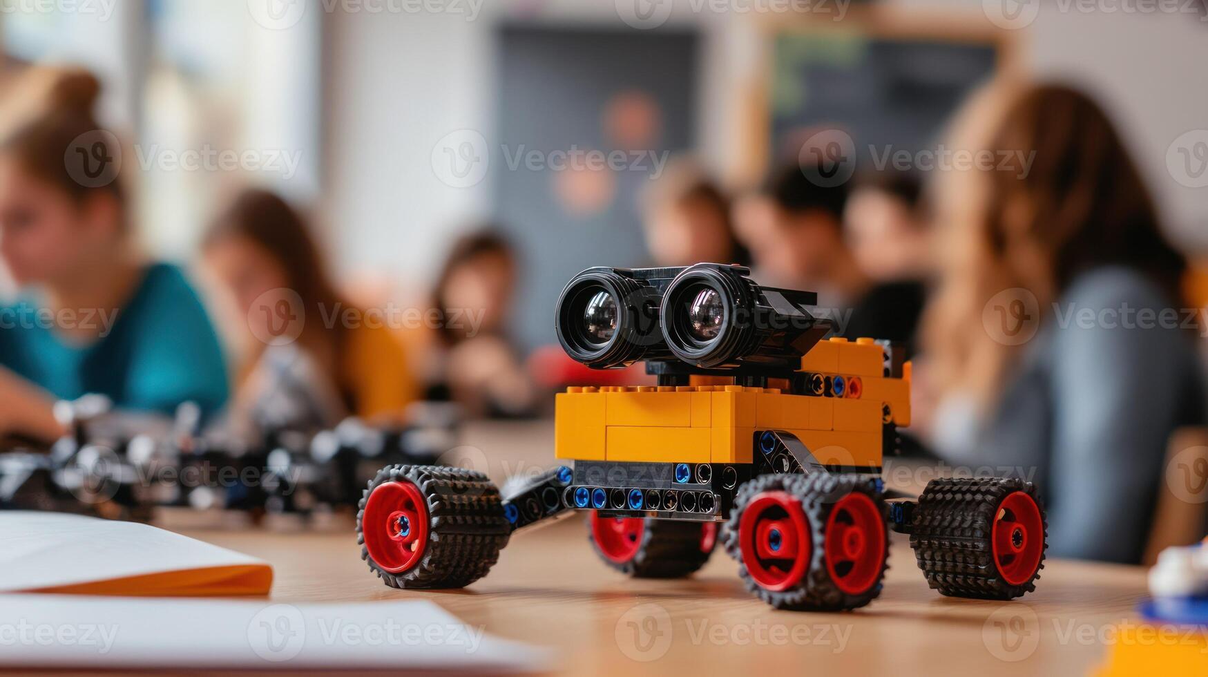A colorful LEGO robot model in an active classroom setting. photo
