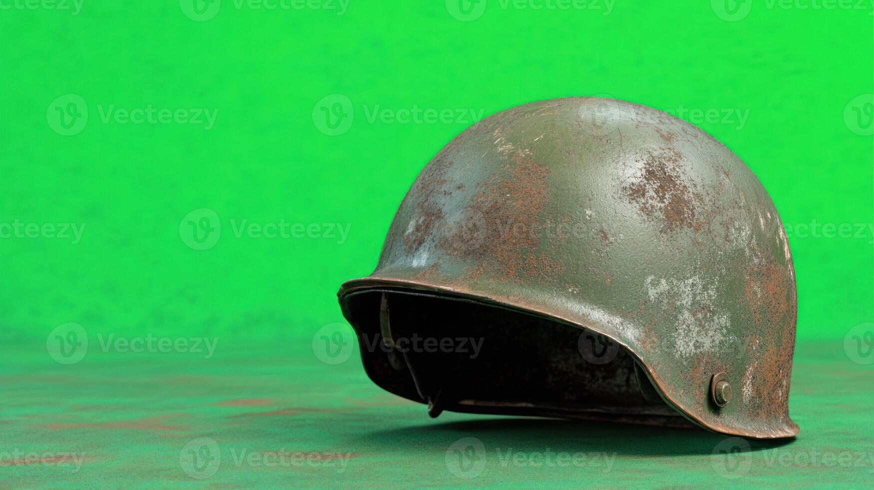 An old, rusted military helmet on a vibrant green background. photo