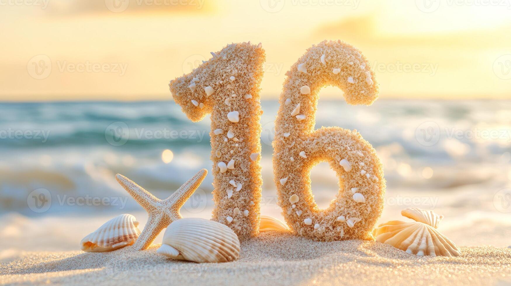 A sandy number 16 surrounded by seashells at a sunny beach. photo