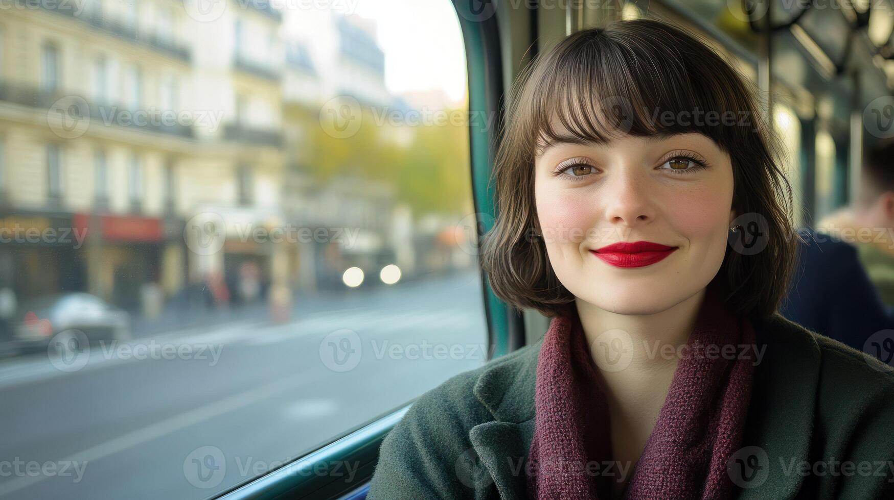 A smiling woman with red lips, seated on a bus in a vibrant city. photo