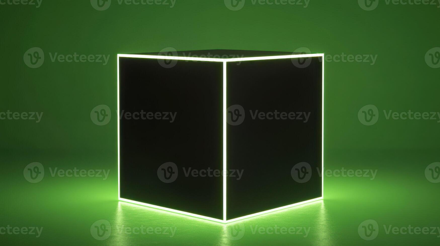A glowing cube illuminated by neon green light in a minimalist setting. photo