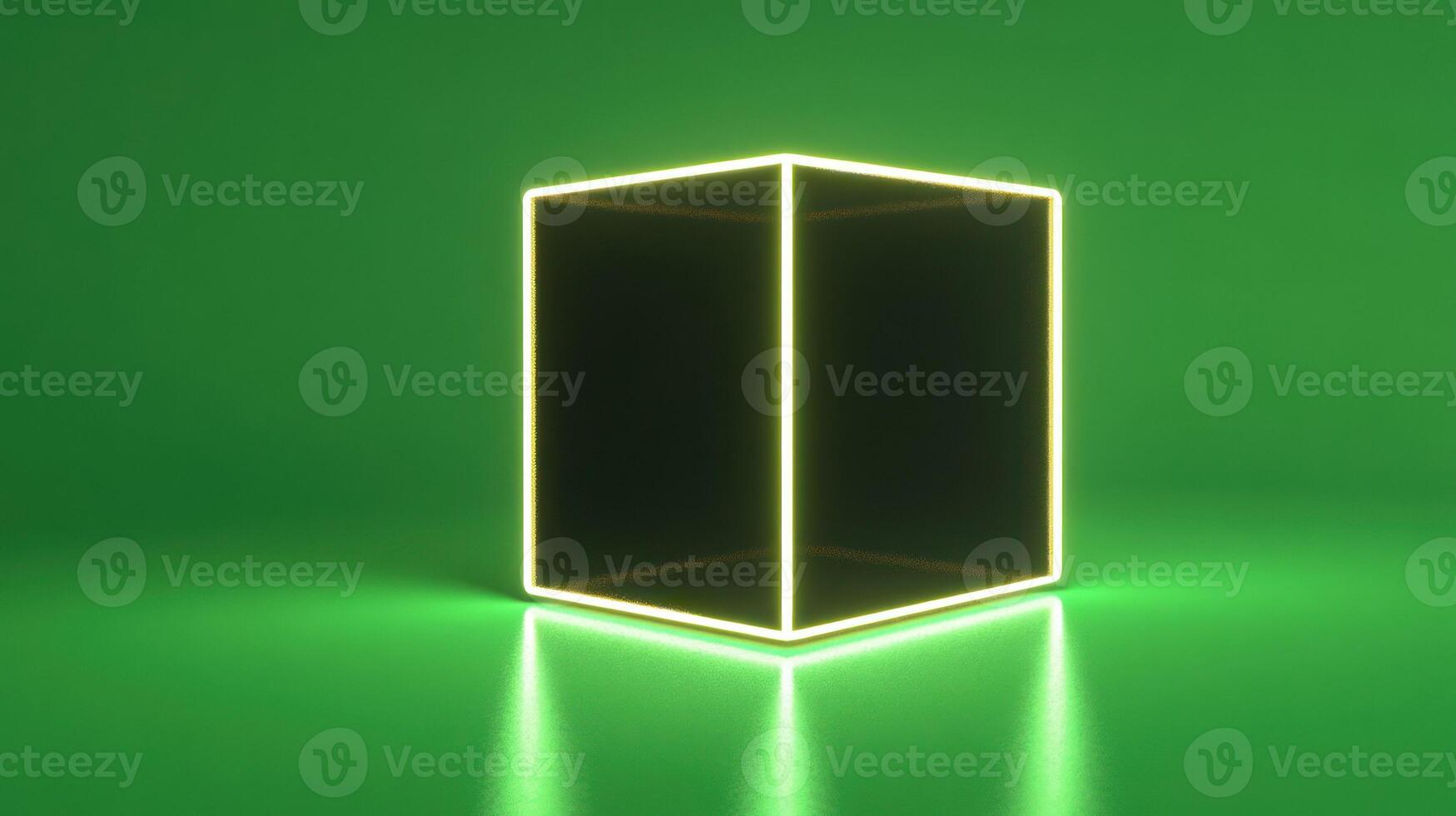 A glowing cube in a vibrant green space, showcasing modern minimalism. photo