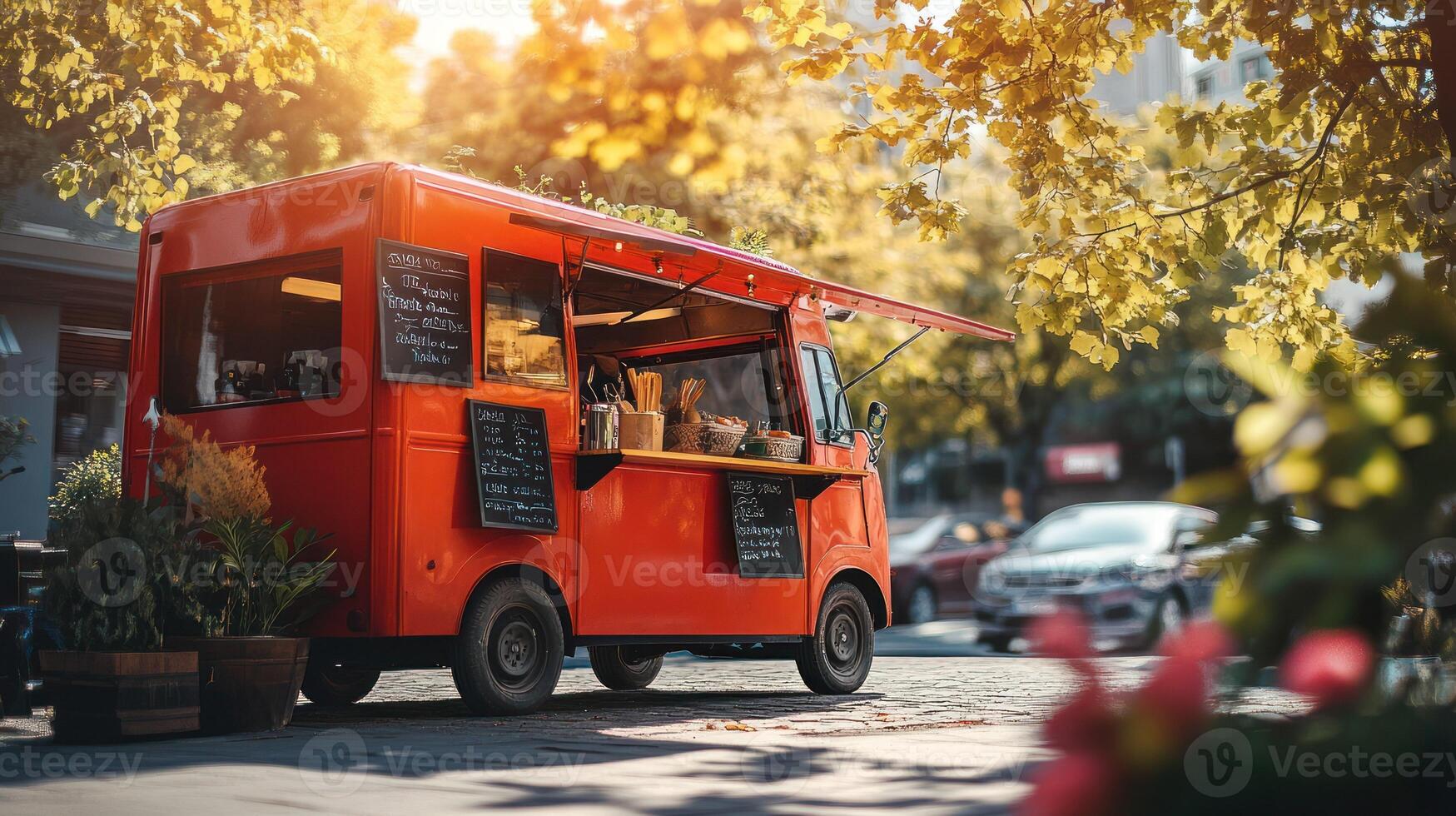 A cozy orange food truck surrounded by autumn leaves in a city setting. photo