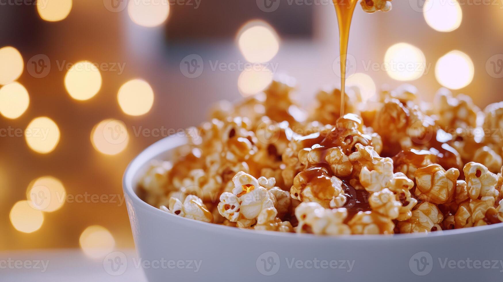 A bowl of popcorn drizzled with caramel, creating a cozy treat. photo