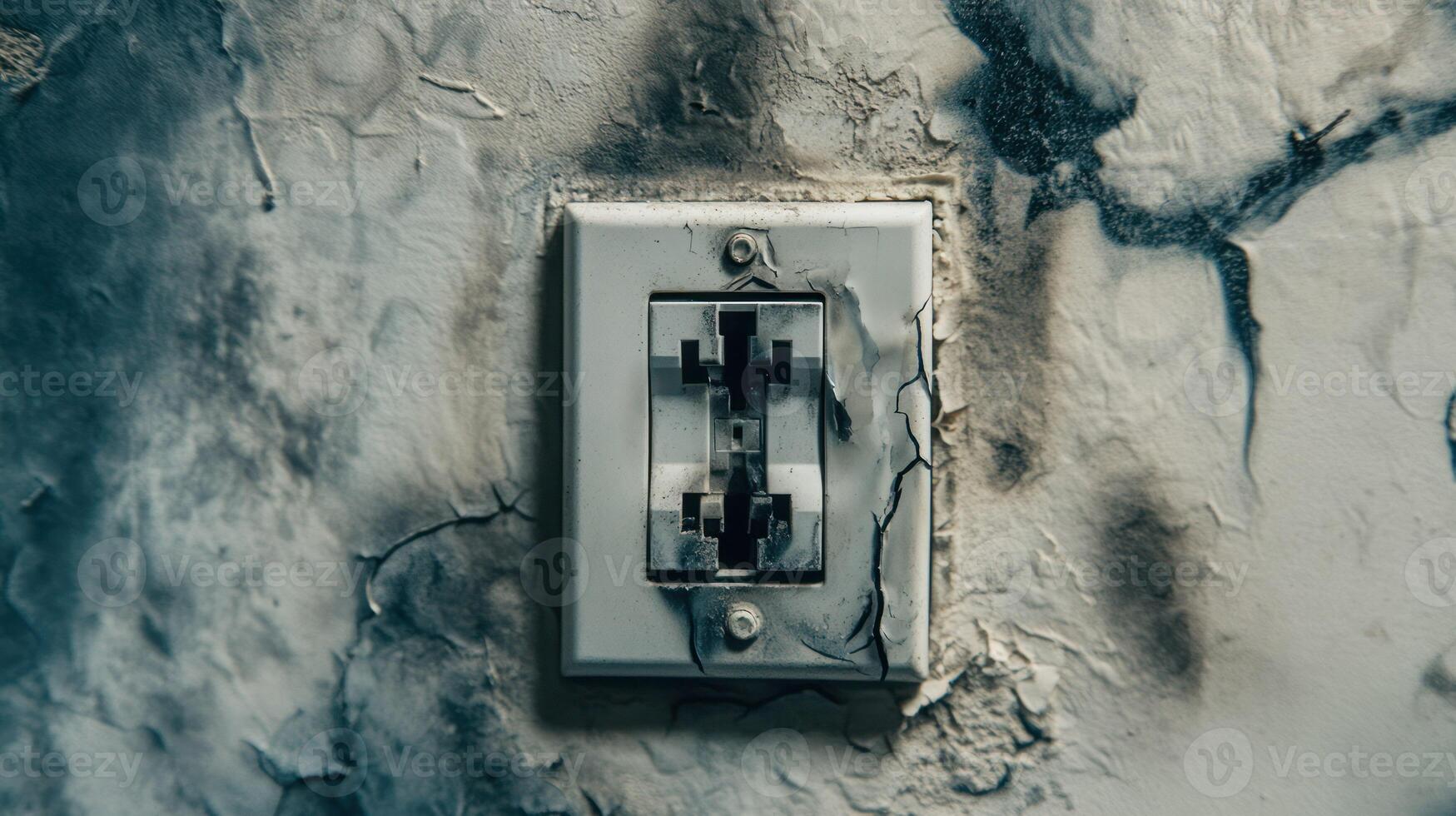 A weathered light switch against a cracked, peeling wall. photo