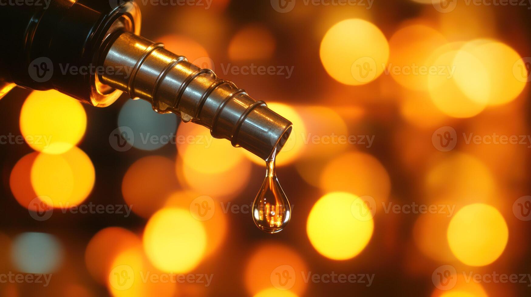 Close up of a fuel nozzle dripping oil with a warm bokeh background. photo