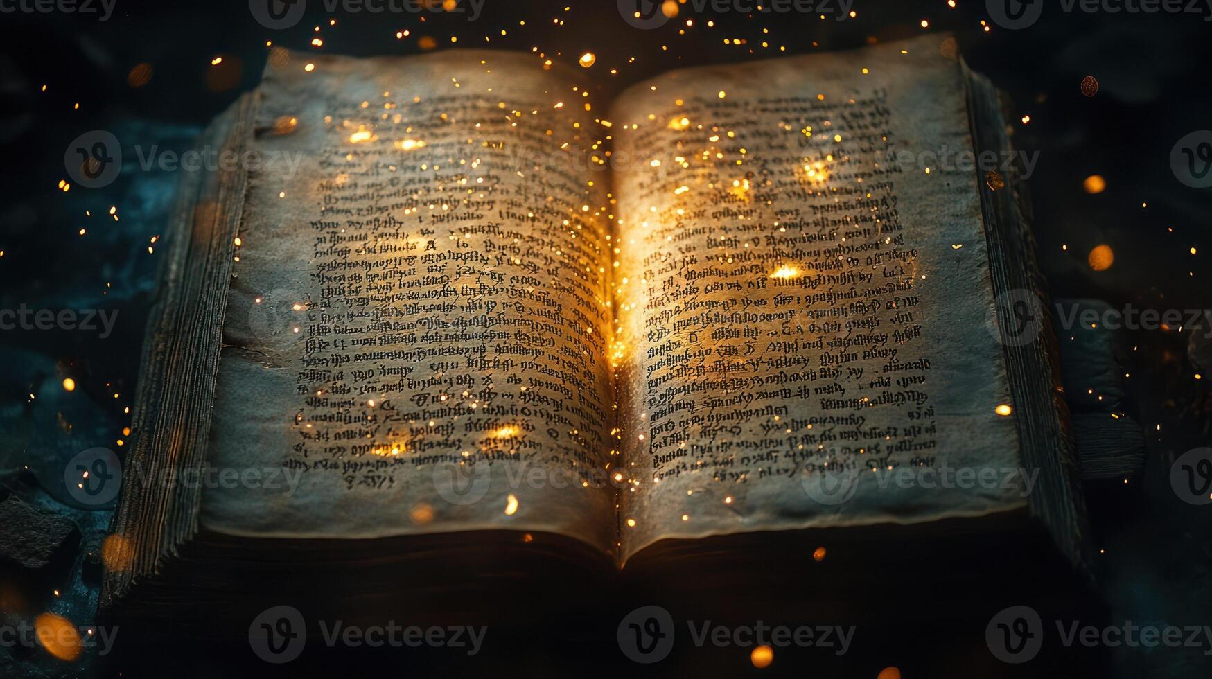 An ancient glowing book surrounded by magical sparkles in a dark setting. photo
