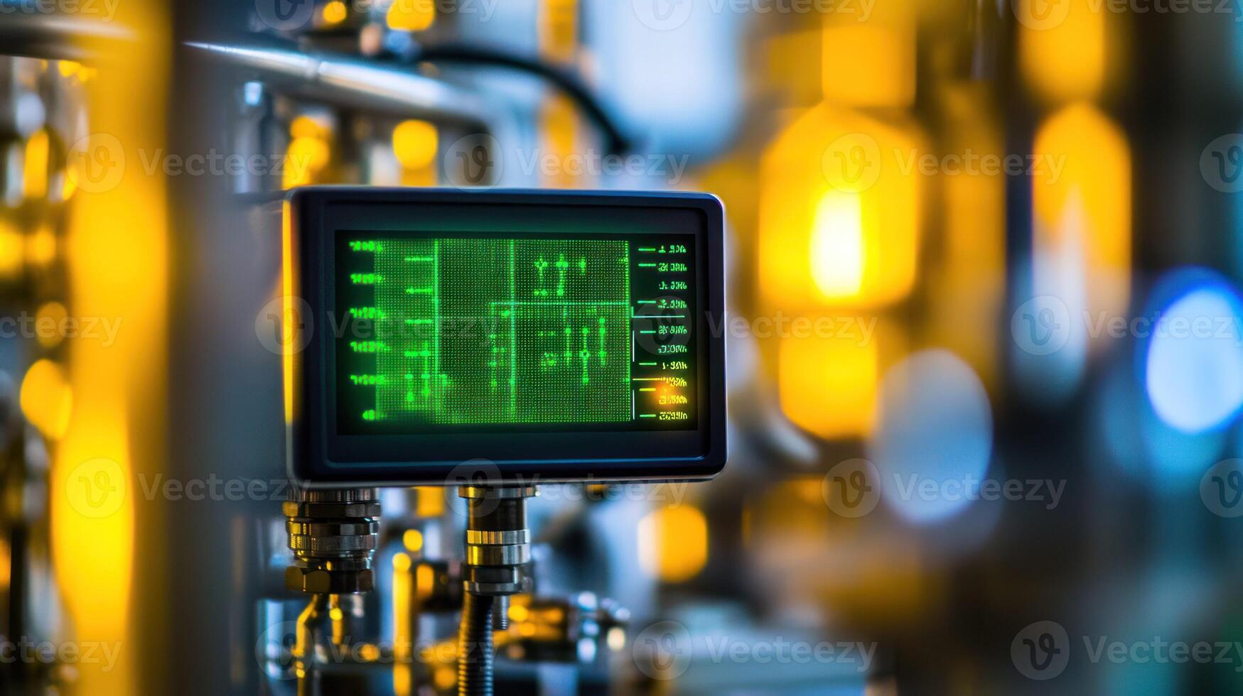 A bright green digital display shows data in an industrial setting. photo