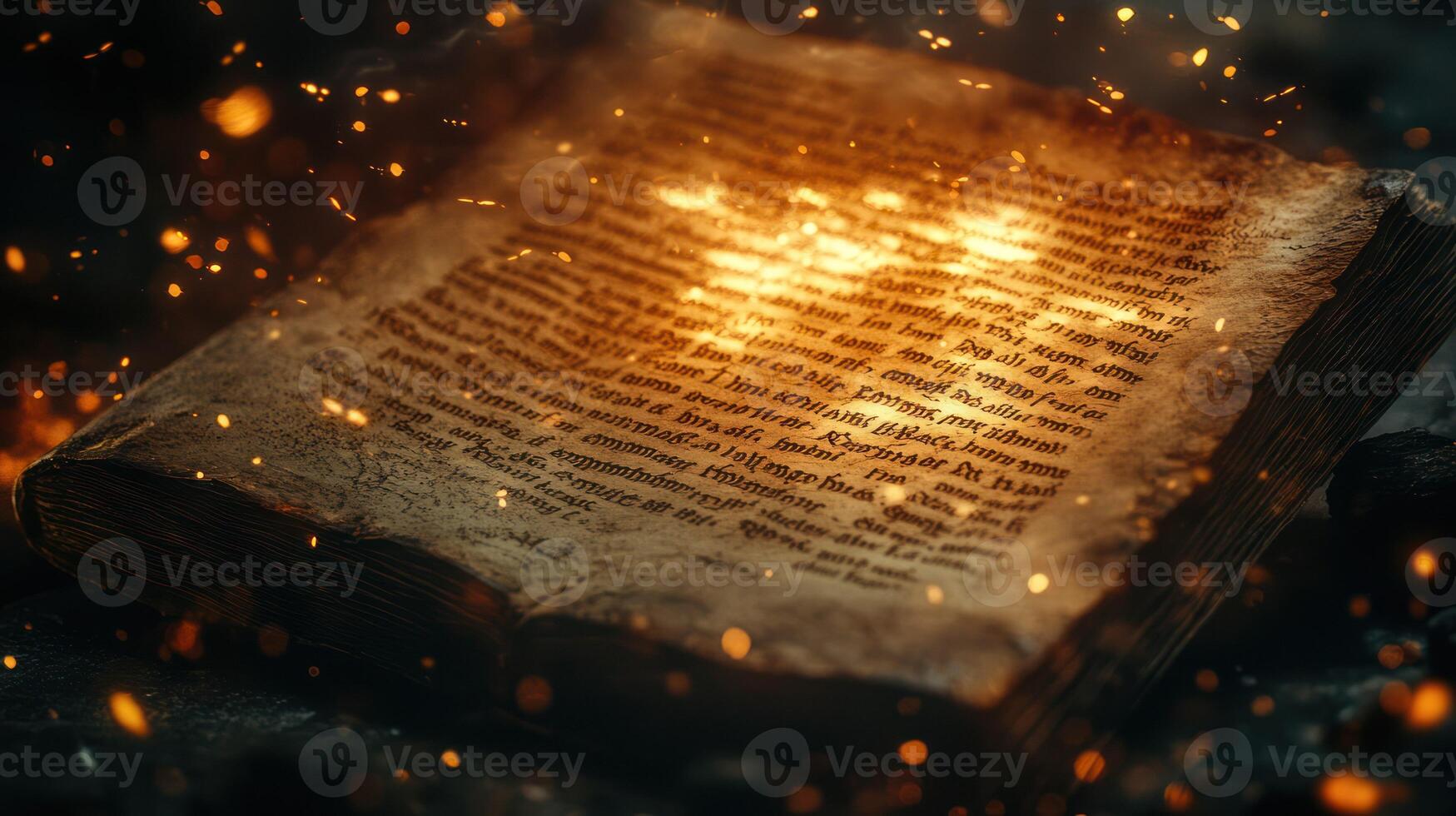 An ancient book illuminated by warm, glowing embers, evoking mystery. photo