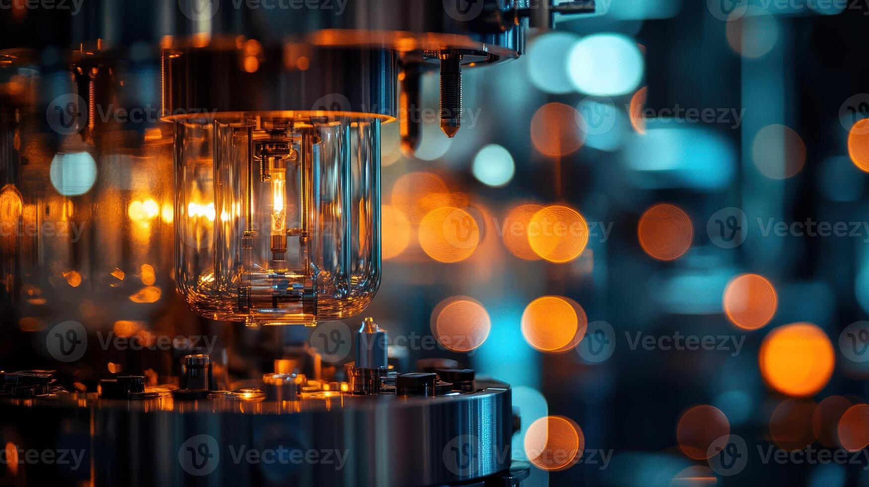 A close up of glowing industrial machinery with vibrant bokeh lights. photo