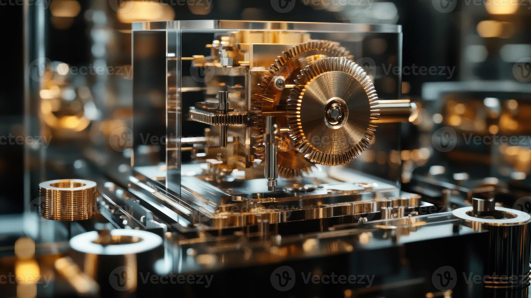 Close up of a detailed, transparent mechanical system with gold gears. photo