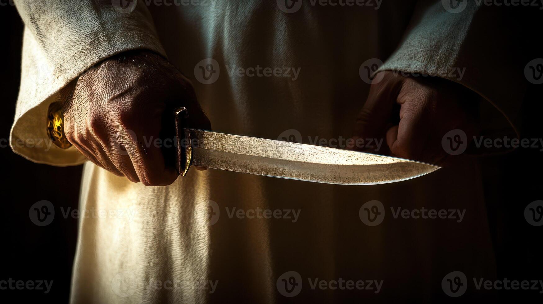 A dramatic close up of hands gripping a knife, evoking tension. photo