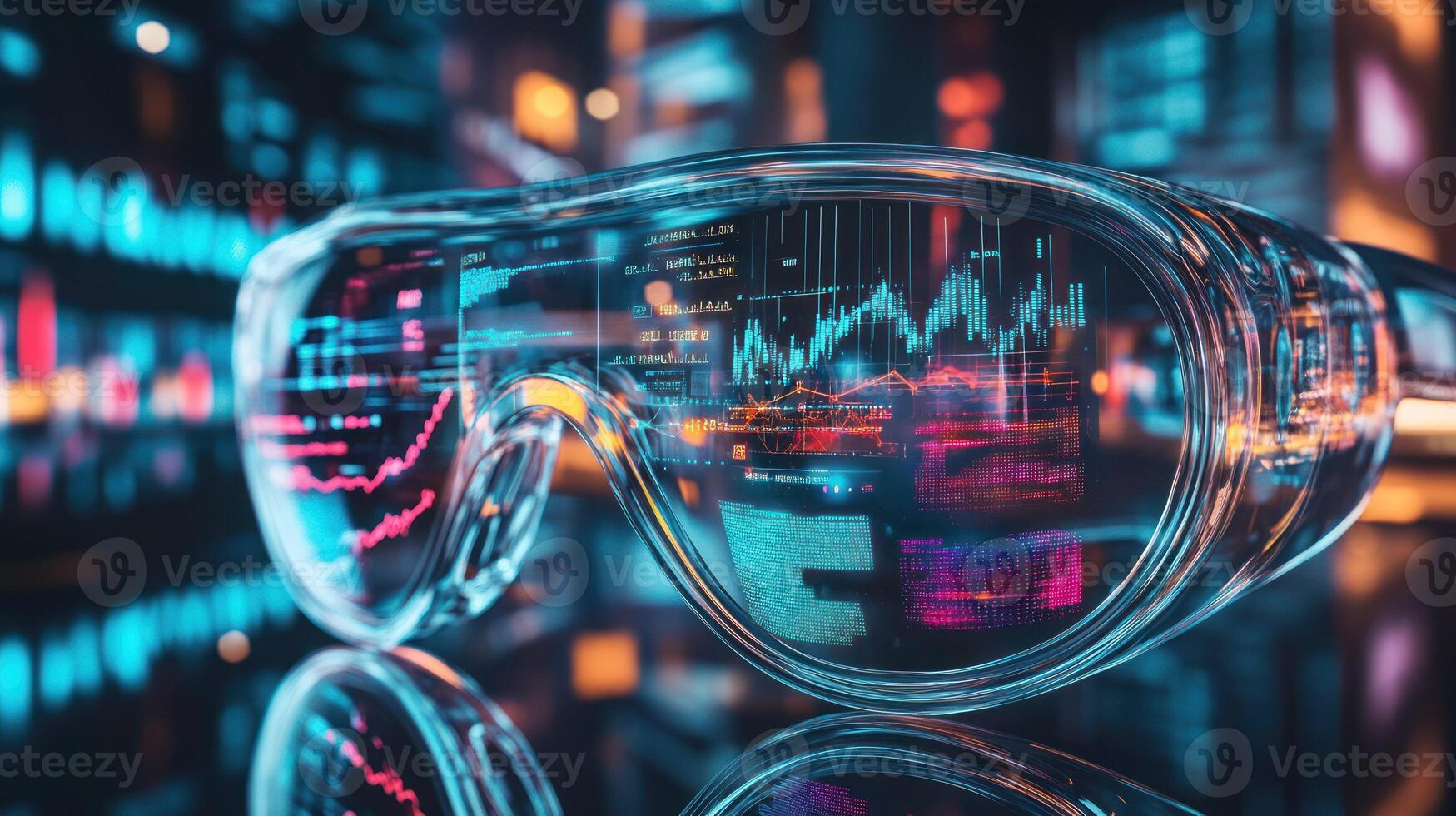 Futuristic smart glasses displaying data visualizations and graphs. photo