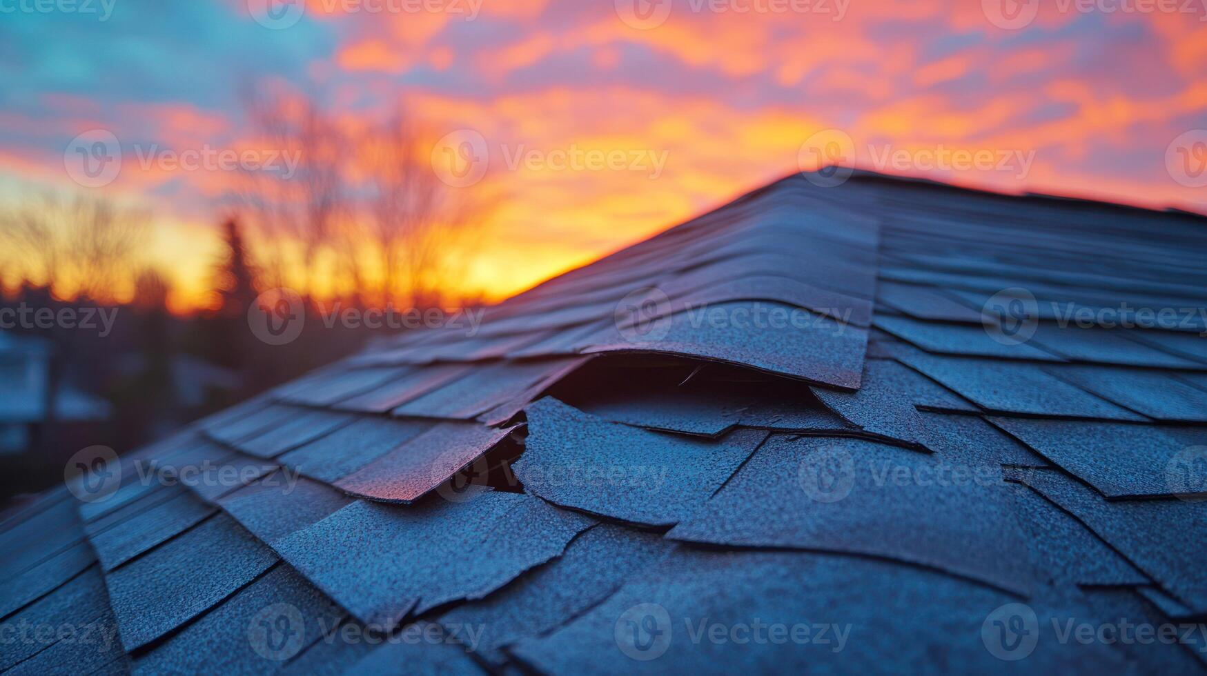 A close up of a shingled roof against a colorful sunset sky. photo