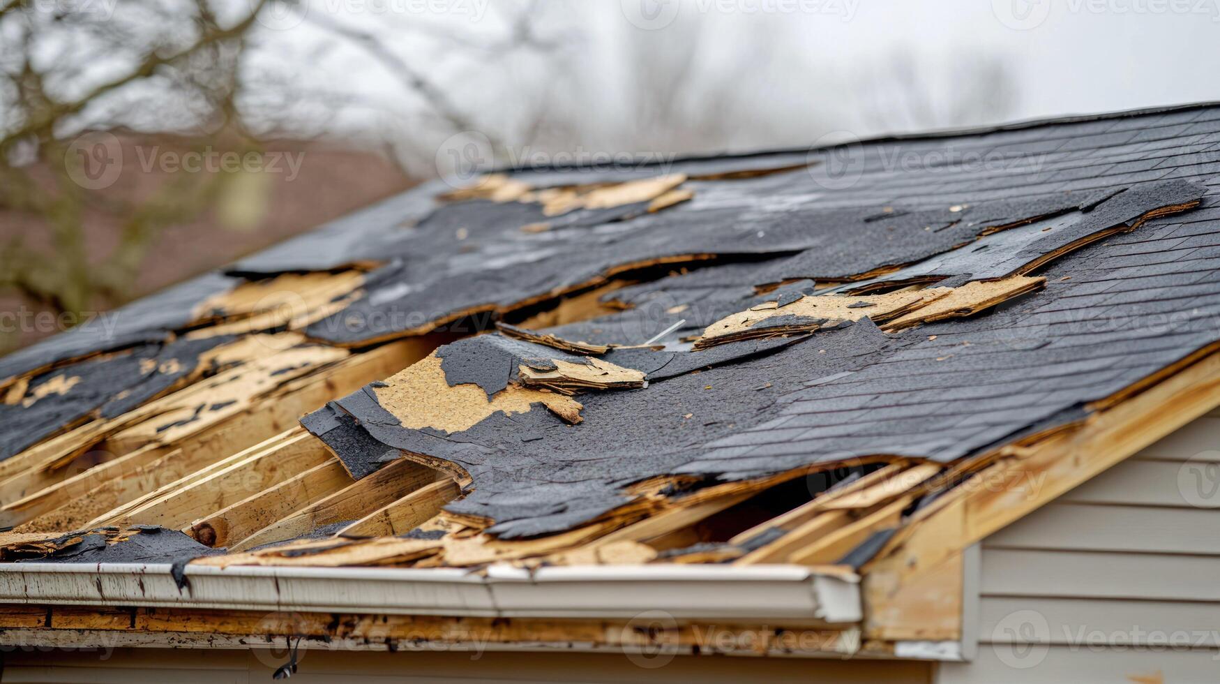 Damaged roof with missing shingles, showcasing wear and tear. photo