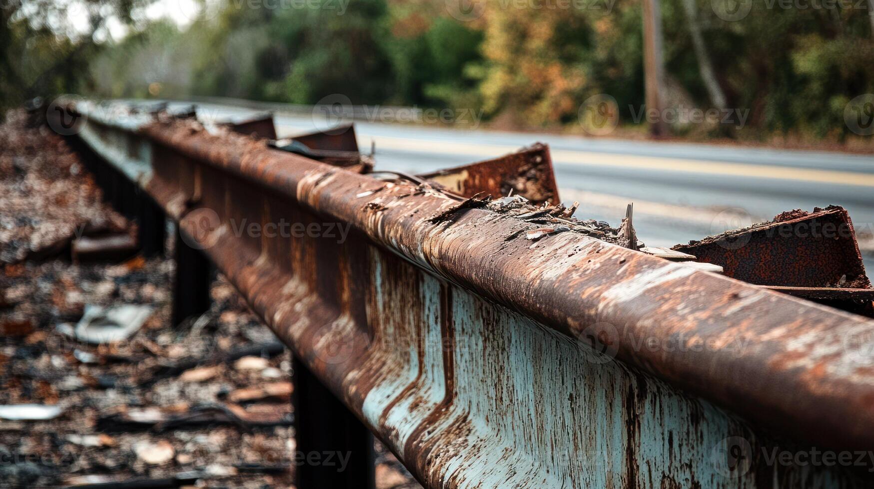 A close up of a rusty, weathered railing beside an overgrown road. photo