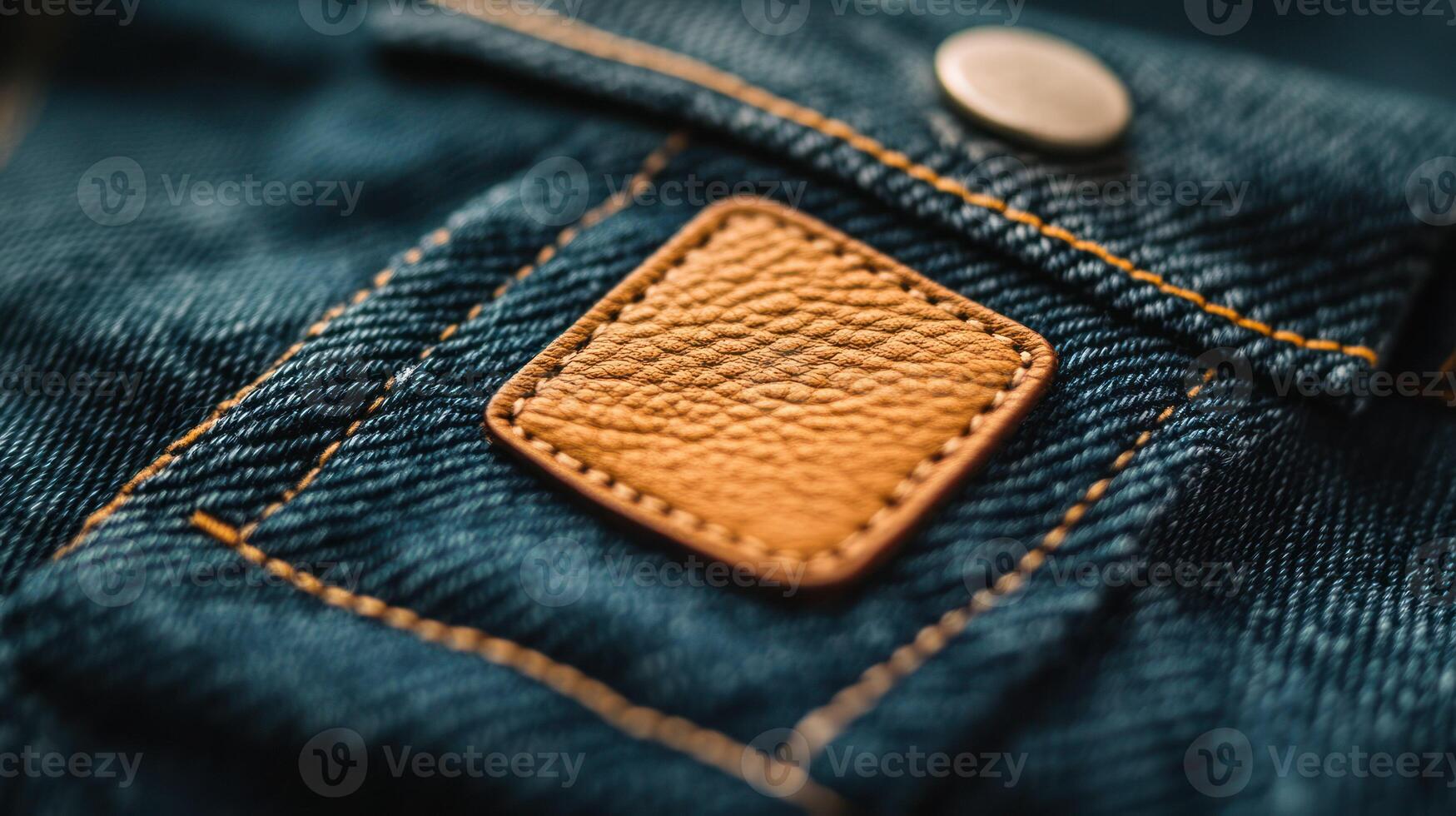 Close up of denim fabric with leather patch and stitching detail. photo