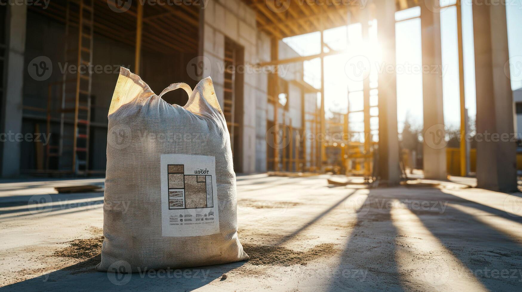 A sack of construction material at a sunlit building site. photo