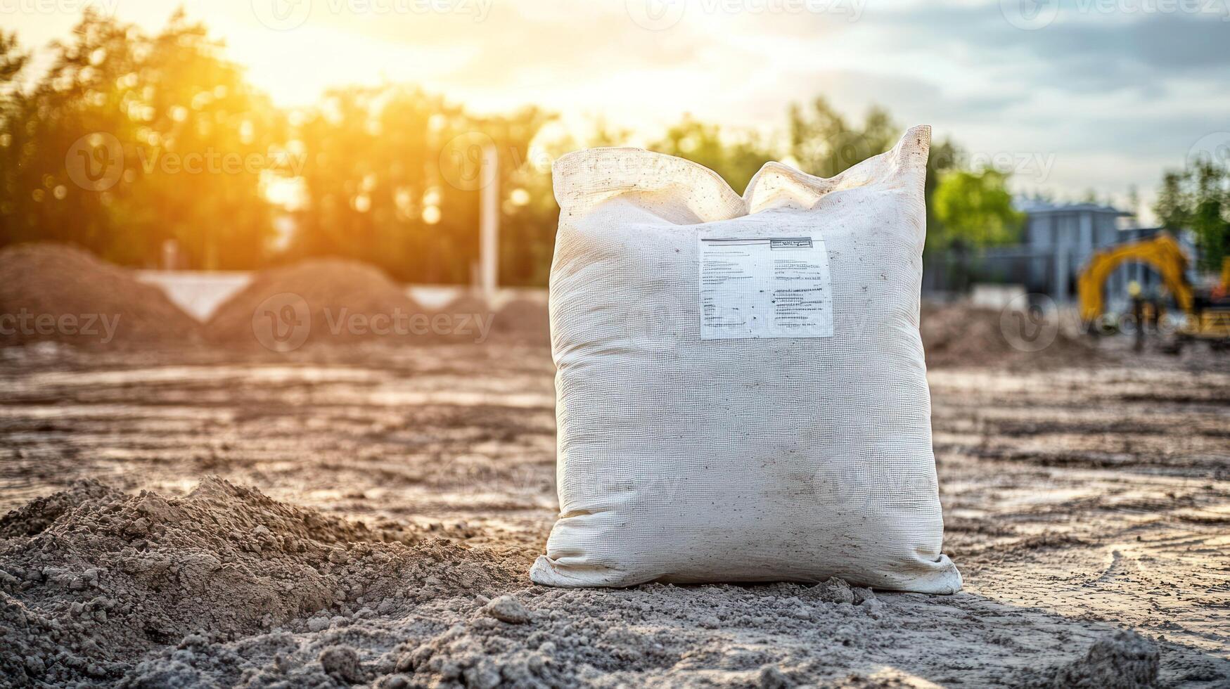 A sand bag on a construction site at sunset, ready for use. photo